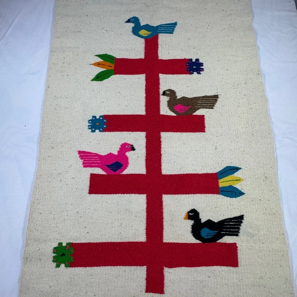 Vintage Mexican Zapotec Wool Rug Tree of Life Bird Folk Art Wall Hanging 29x50